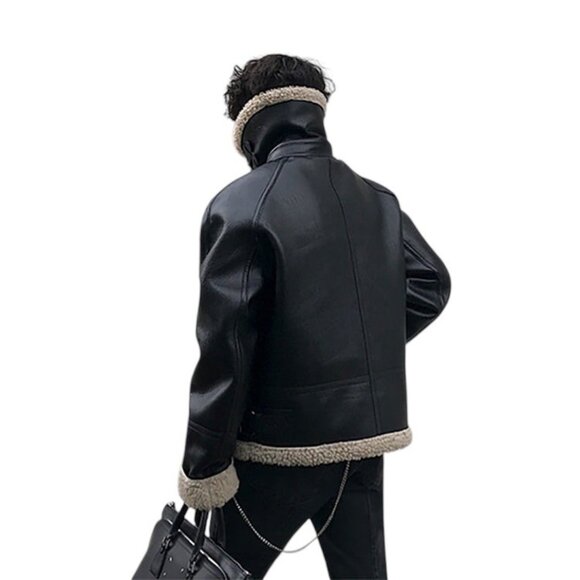 Han Ton Mens High Neck Faux Shearling Bomber Jacket Brown Size L Minimalist Warm - Picture 10 of 13